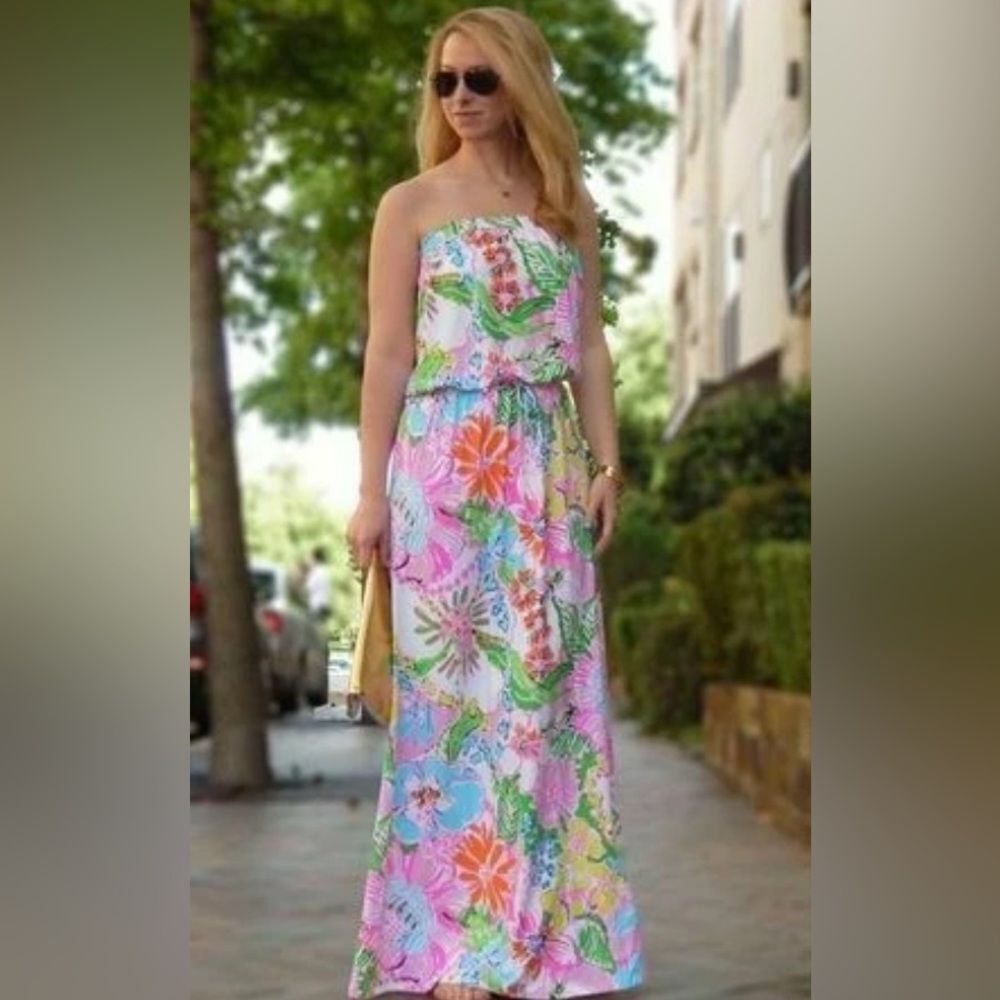 Lilly Pulitzer women’s xs strapless nosey‎ posey vibrant colorful floral dress